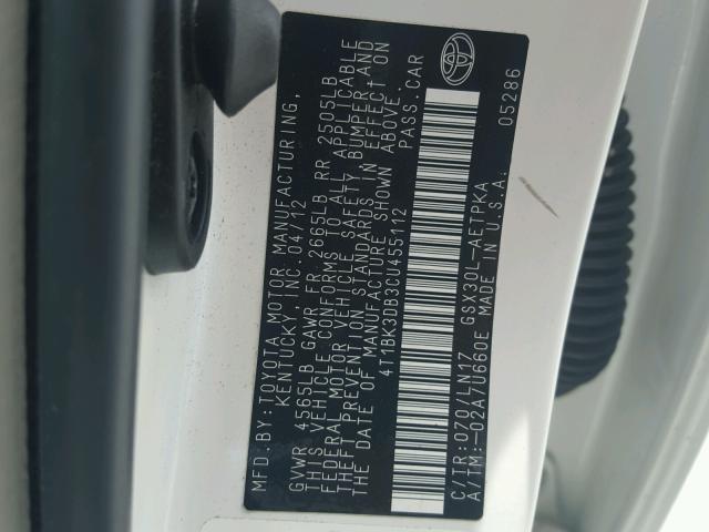 4T1BK3DB3CU455112 - 2012 TOYOTA AVALON BAS WHITE photo 10