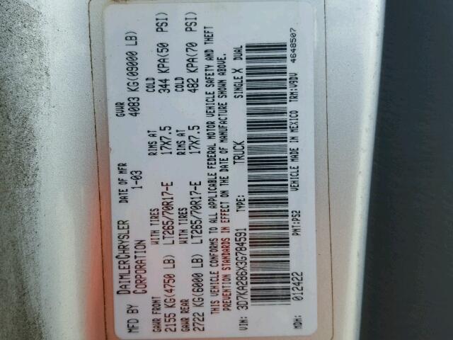 3D7KA286X3G784591 - 2003 DODGE RAM 2500 S SILVER photo 10