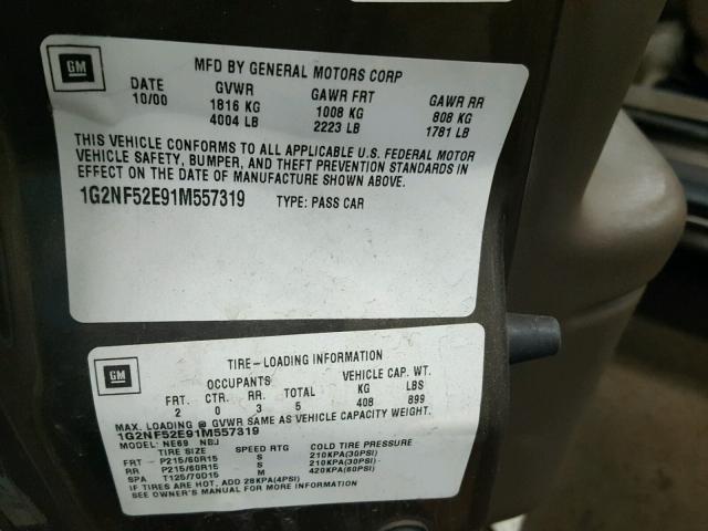 1G2NF52E91M557319 - 2001 PONTIAC GRAND AM S Qəhvəyi foto 10