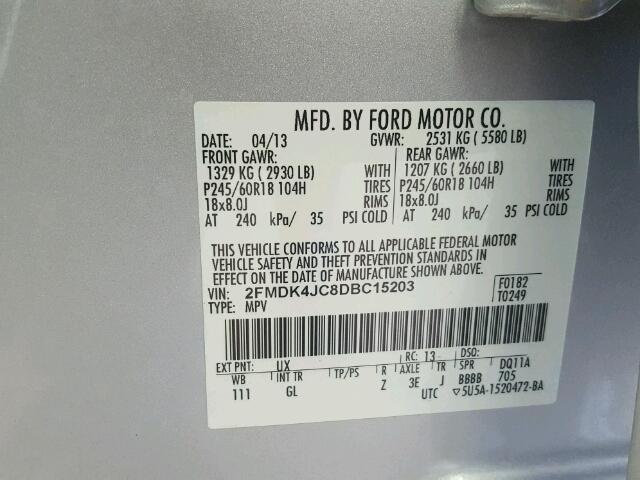 2FMDK4JC8DBC15203 - 2013 FORD EDGE SEL SILVER photo 10