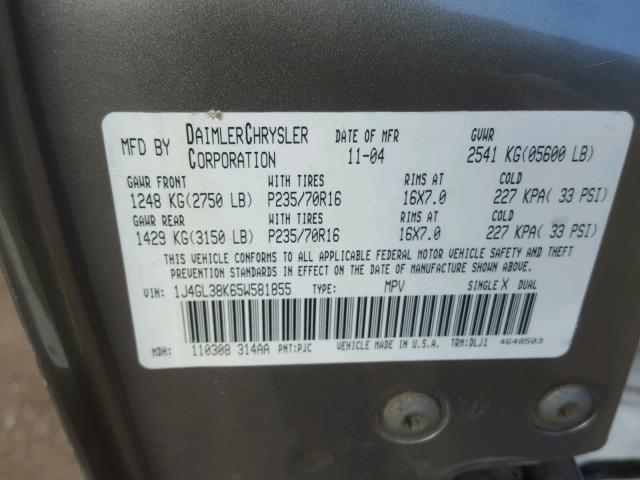 1J4GL38K65W581855 - 2005 JEEP LIBERTY RE GOLD photo 10