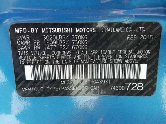 ML32A4HJ8FH043931 - 2015 MITSUBISHI MIRAGE ES BLUE photo 10
