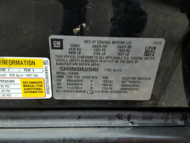 1GKKVRKDXEJ235462 - 2014 GMC ACADIA SLT შავი ფოტო 10