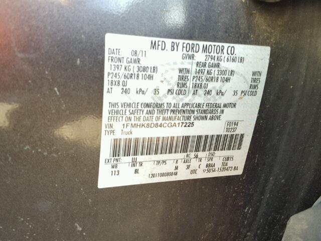 1FMHK8D84CGA17225 - 2012 FORD EXPLORER X CHARCOAL photo 10