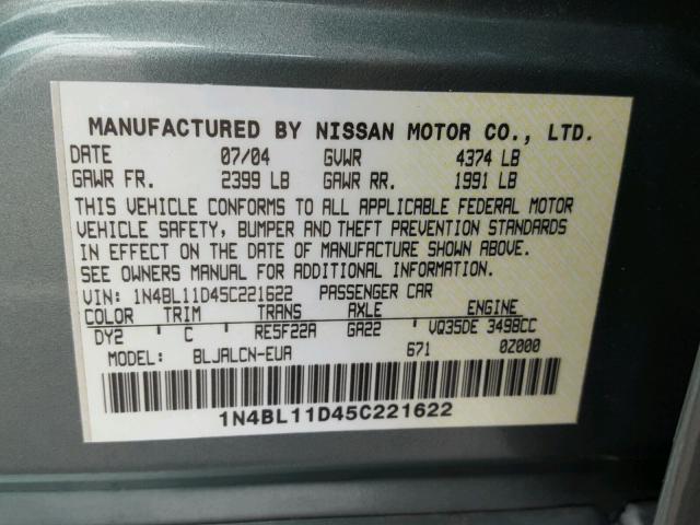 1N4BL11D45C221622 - 2005 NISSAN ALTIMA SE GREEN photo 10