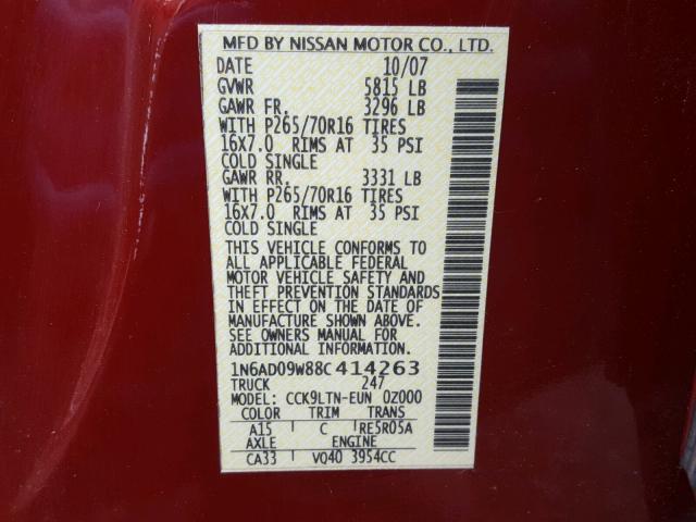 1N6AD09W88C414263 - 2008 NISSAN FRONTIER C RED photo 10