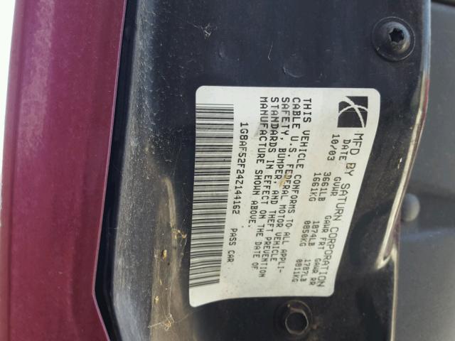 1G8AF52F24Z144162 - 2004 SATURN ION LEVEL RED photo 10