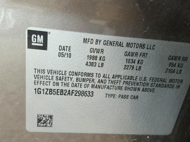 1G1ZB5EB2AF298633 - 2010 CHEVROLET MALIBU LS 棕色 照片 10