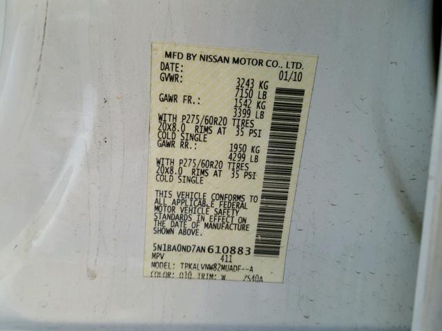 5N1BA0ND7AN610883 - 2010 NISSAN ARMADA SE WHITE photo 10