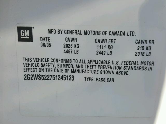 2G2WS522751345123 - 2005 PONTIAC GRAND PRIX WHITE photo 10