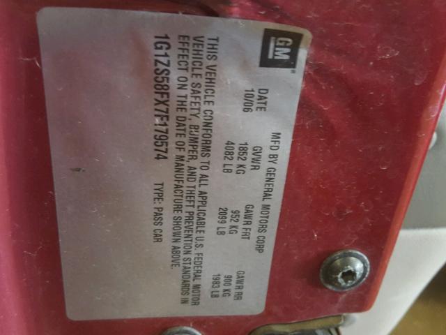 1G1ZS58FX7F179574 - 2007 CHEVROLET MALIBU LS 红色 照片 10