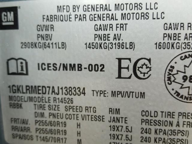 1GKLRMED7AJ138334 - 2010 GMC ACADIA SLT ლურჯი ფოტო 10