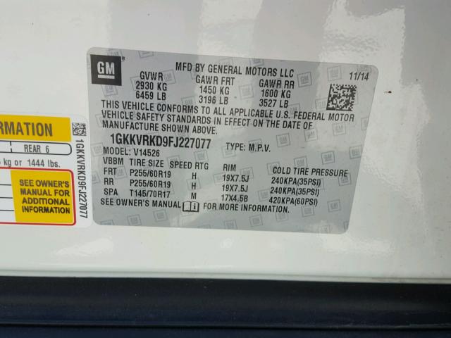 1GKKVRKD9FJ227077 - 2015 GMC ACADIA SLT 白色 照片 10