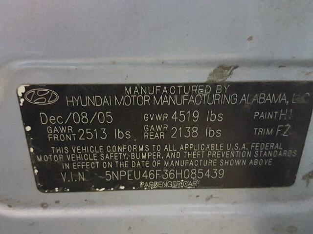 5NPEU46F36H085439 - 2006 HYUNDAI SONATA SILVER photo 10