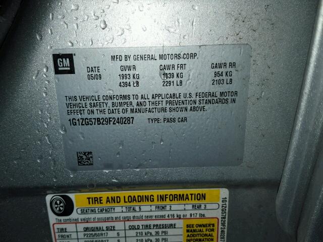 1G1ZG57B29F240287 - 2009 CHEVROLET MALIBU LS ვერცხლისფერი ფოტო 10