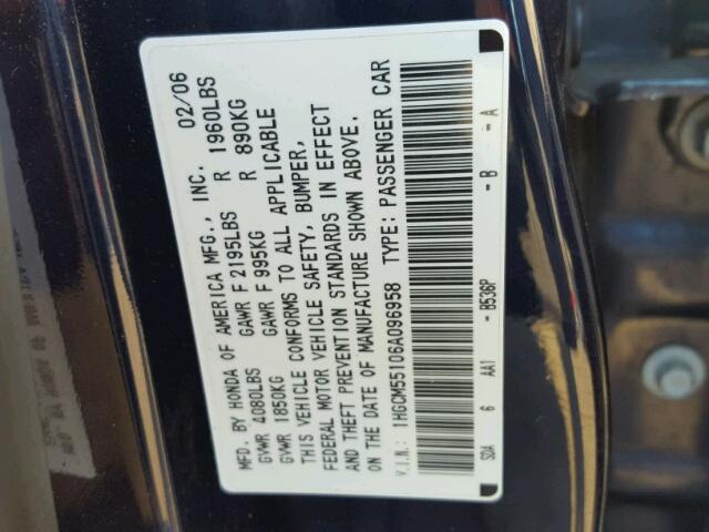 1HGCM55106A096958 - 2006 HONDA ACCORD VAL BLUE photo 10