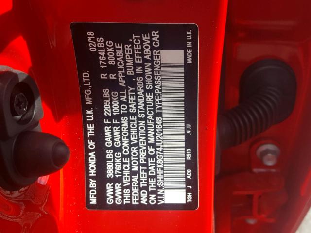 SHHFK8G74JU201648 - 2018 HONDA CIVIC TYPE RED photo 10