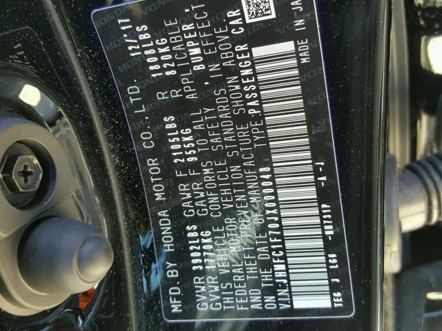 JHMFC1F70JX000048 - 2018 HONDA CIVIC EXL BLACK photo 10