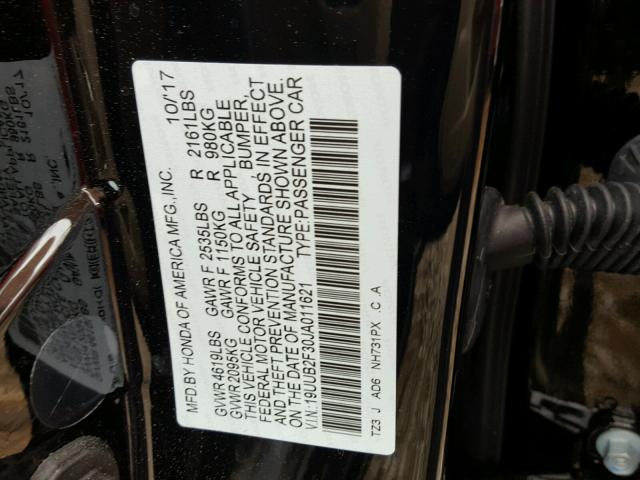 19UUB2F30JA011621 - 2018 ACURA TLX BLACK photo 10