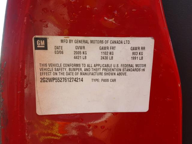 2G2WP552761274214 - 2006 PONTIAC GRAND PRIX RED photo 10