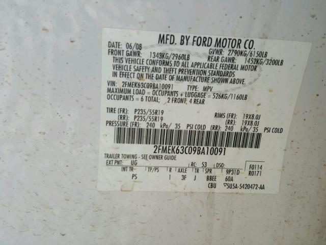 2FMEK63C09BA10091 - 2009 FORD FLEX LIMIT WHITE photo 10