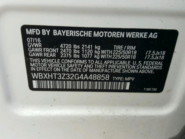 WBXHT3Z32G4A48858 - 2016 BMW X1 XDRIVE2 WHITE photo 10