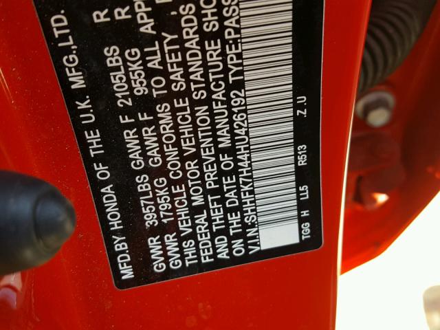 SHHFK7H44HU426192 - 2017 HONDA CIVIC SPOR RED photo 10