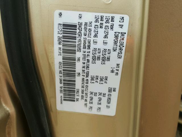 2B4GP45R1YR702092 - 2000 DODGE CARAVAN SE GOLD photo 10