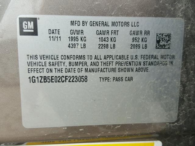 1G1ZB5E02CF223058 - 2012 CHEVROLET MALIBU LS ყავისფერი ფოტო 10