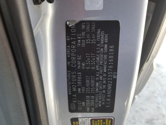 KNDMB233576168186 - 2007 KIA SEDONA EX SILVER photo 10