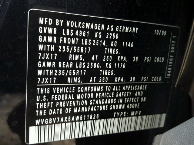 WVGBV7AX5AW511826 - 2010 VOLKSWAGEN TIGUAN SE BLACK photo 10