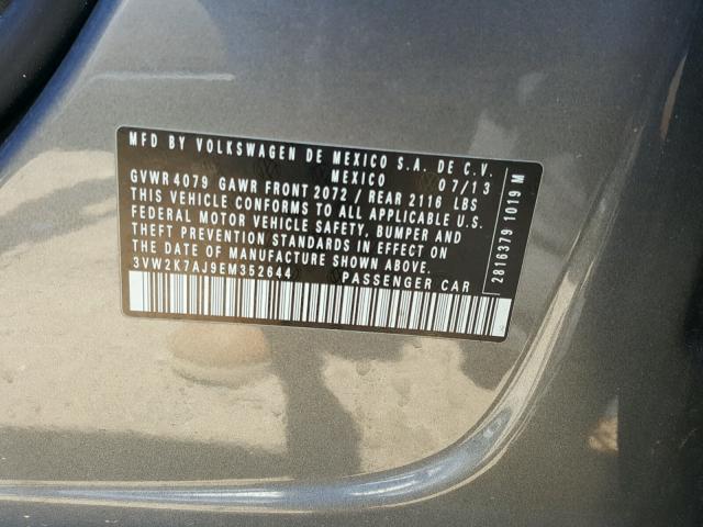 3VW2K7AJ9EM352644 - 2014 VOLKSWAGEN JETTA BASE 灰色 照片 10