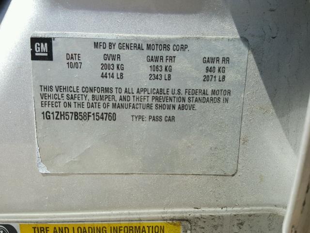 1G1ZH57B58F154760 - 2008 CHEVROLET MALIBU 1LT SILVER photo 10