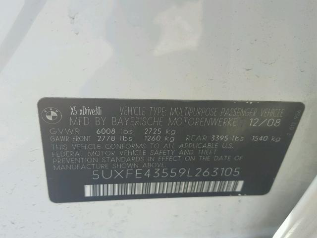 5UXFE43559L263105 - 2009 BMW X5 XDRIVE3 WHITE photo 10