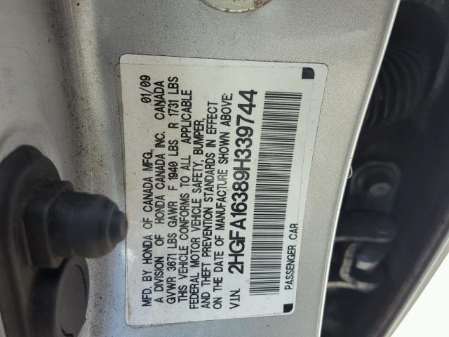 2HGFA16389H339744 - 2009 HONDA CIVIC VP SILVER photo 10