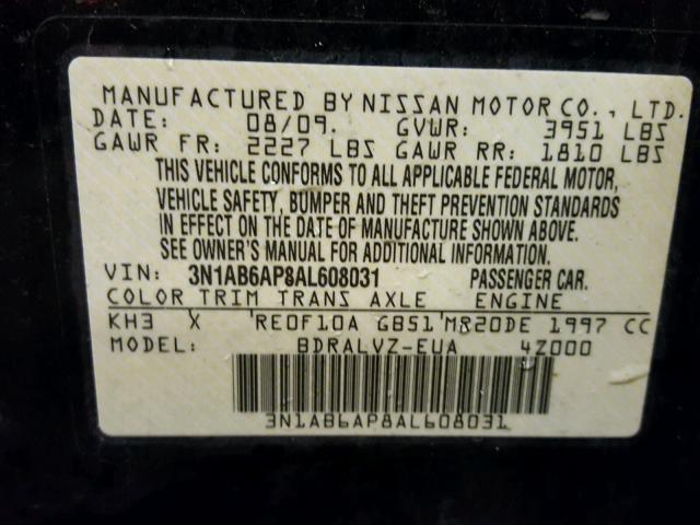 3N1AB6AP8AL608031 - 2010 NISSAN SENTRA 2.0 BLACK photo 10