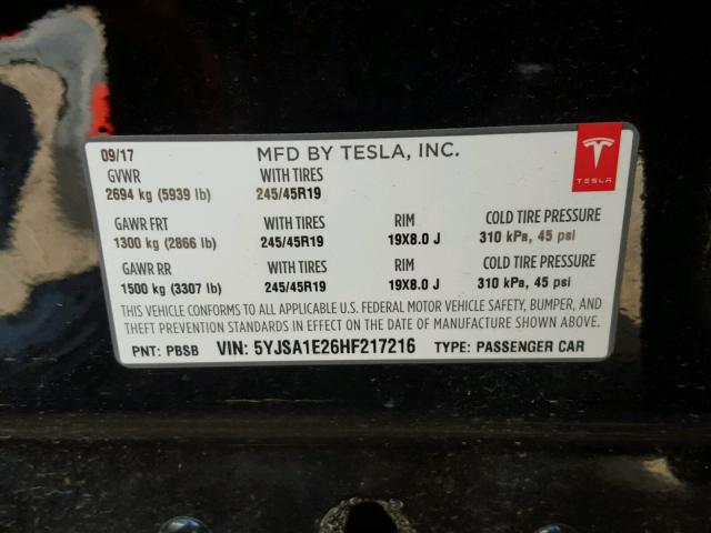 5YJSA1E26HF217216 - 2017 TESLA MODEL S BLACK photo 10