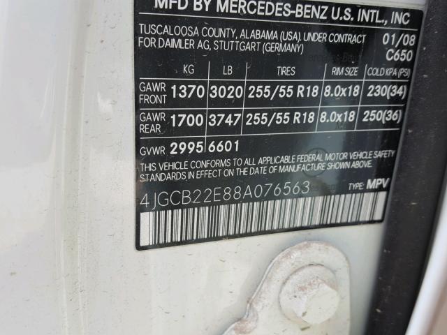 4JGCB22E88A076563 - 2008 MERCEDES-BENZ R 320 CDI WHITE photo 10