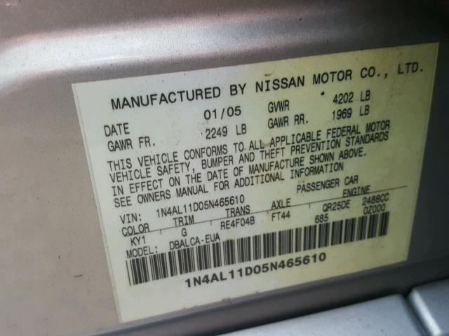 1N4AL11D05N465610 - 2005 NISSAN ALTIMA S SILVER photo 10