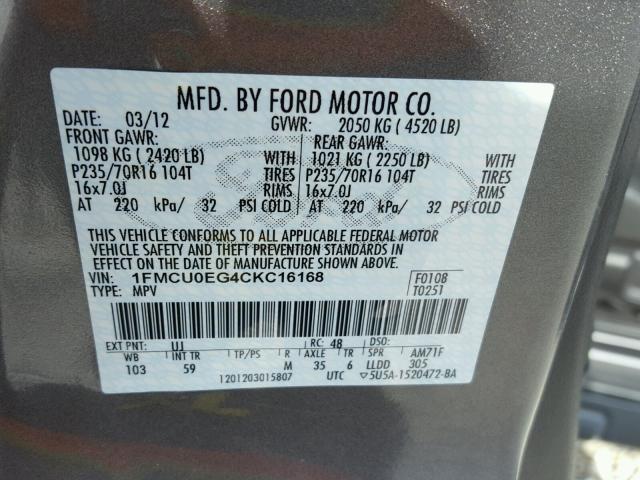 1FMCU0EG4CKC16168 - 2012 FORD ESCAPE LIM CHARCOAL photo 10