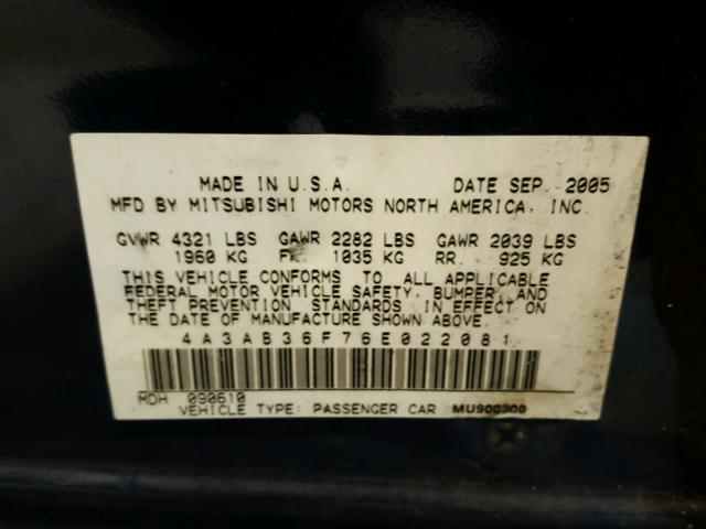 4A3AB36F76E022081 - 2006 MITSUBISHI GALANT ES BLUE photo 10