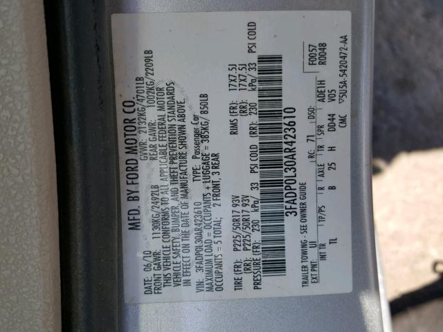 3FADP0L30AR423610 - 2010 FORD FUSION HYB SILVER photo 10