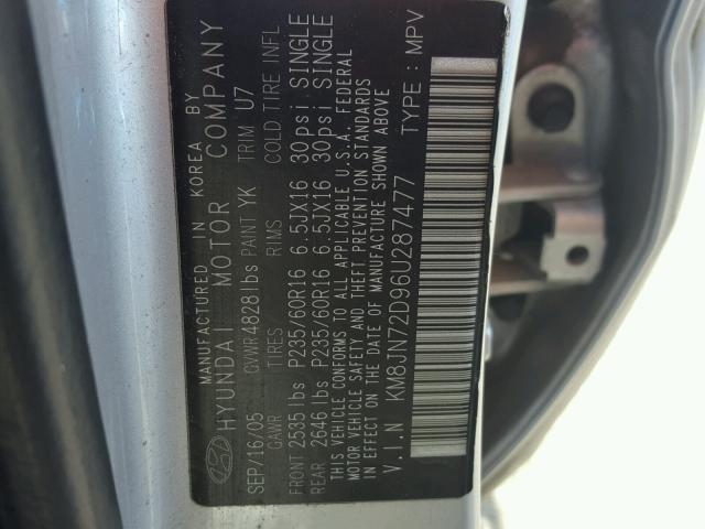 KM8JN72D96U287477 - 2006 HYUNDAI TUCSON GLS SILVER photo 10