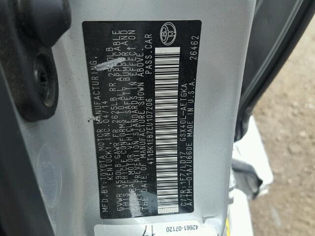 4T1BK1EB7EU107206 - 2014 TOYOTA AVALON BAS SILVER photo 10