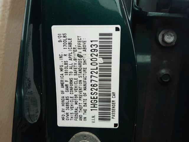 1HGES26772L002931 - 2002 HONDA CIVIC EX GREEN photo 10