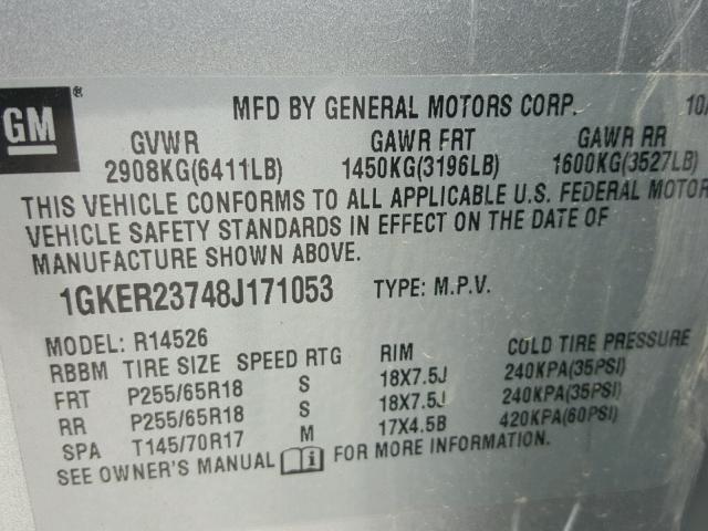 1GKER23748J171053 - 2008 GMC ACADIA SLT ვერცხლისფერი ფოტო 10