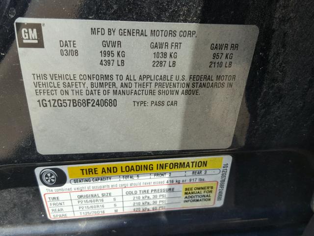 1G1ZG57B68F240680 - 2008 CHEVROLET MALIBU LS 黑色 照片 10