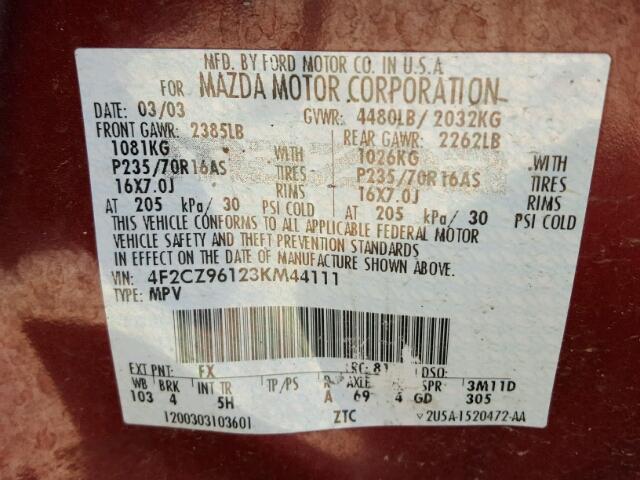 4F2CZ96123KM44111 - 2003 MAZDA TRIBUTE ES 栗色 照片 10