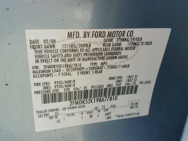 2FMDK52C19BA77810 - 2009 FORD FLEX SEL Mavi foto 10