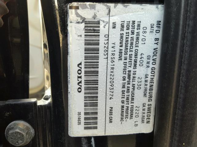 YV1RS61RX22093774 - 2002 VOLVO S60 BLACK photo 10